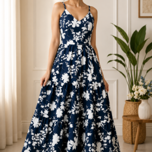 Navy Blue Floral Cotton Tiered Maxi Dress – RW28