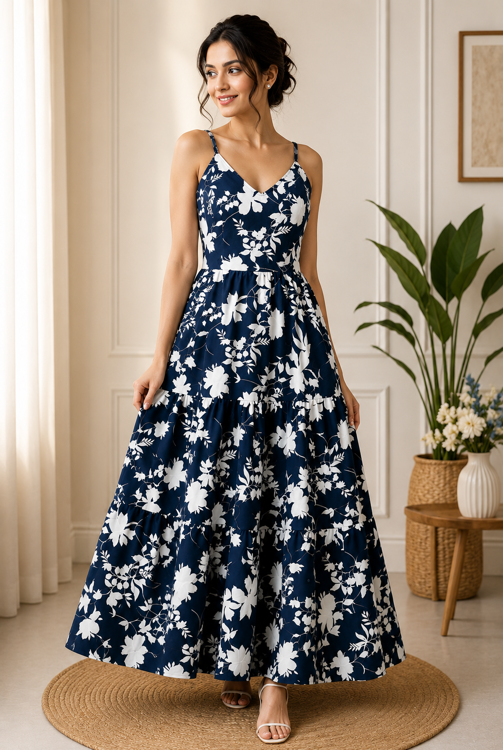 Navy Blue Floral Cotton Tiered Maxi Dress – RW28