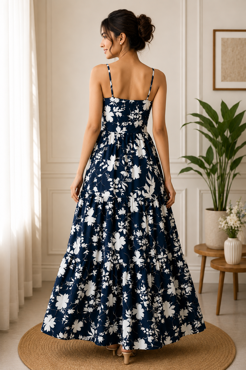 Navy Blue Floral Cotton Tiered Maxi Dress – RW28 - Image 4