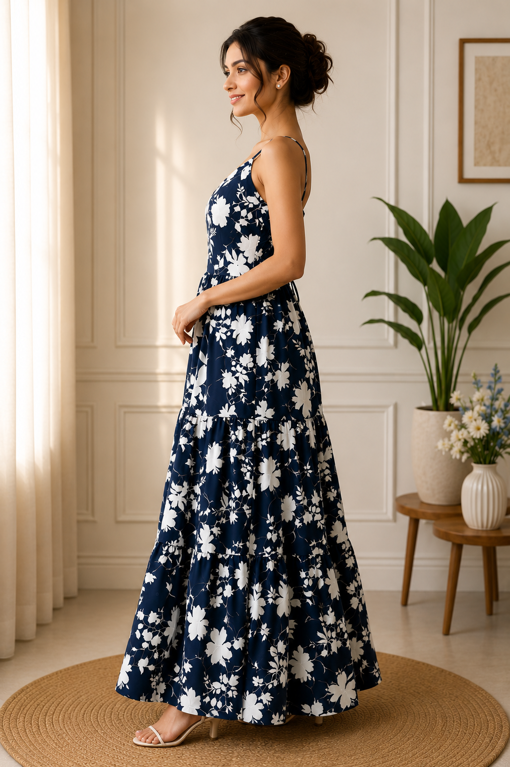 Navy Blue Floral Cotton Tiered Maxi Dress – RW28 - Image 3
