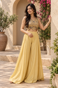 Peach Flared Palazzo with Blue-Golden Embroidered Blouse and Net Dupatta – RW29