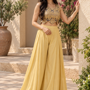 Peach Flared Palazzo with Blue-Golden Embroidered Blouse and Net Dupatta – RW29