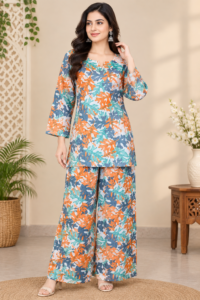 Multicolour Printed Soft Cotton Co-Ord Set | Top & Palazzo Pants | RW30