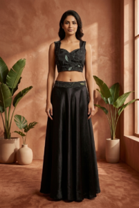 Black Organza Thread Work Crop Top Blouse with Satin Silk Flared Lehenga Set – RW46
