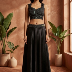 Black Organza Thread Work Crop Top Blouse with Satin Silk Flared Lehenga Set โ RW46