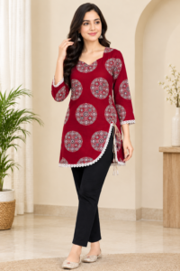 Maroon Printed Cotton Sweetheart Neck Kurti – RW38