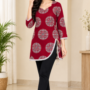Maroon Printed Cotton Sweetheart Neck Kurti – RW38