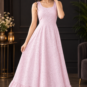 Light Pink Chicken Embroidery One Piece Flared Gown