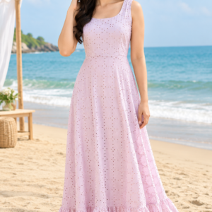 Light Pink Chicken Embroidery One Piece Flared Gown