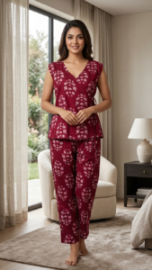 Maroon Floral Cotton Co-Ord Set for Women