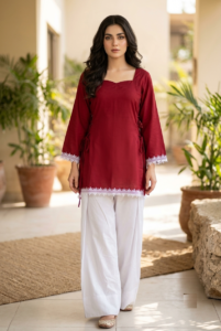Maroon Cotton Crepe Kurti with White Lace and White Palazzo Set – RW27