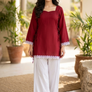 Maroon Cotton Crepe Kurti with White Lace and White Palazzo Set – RW27