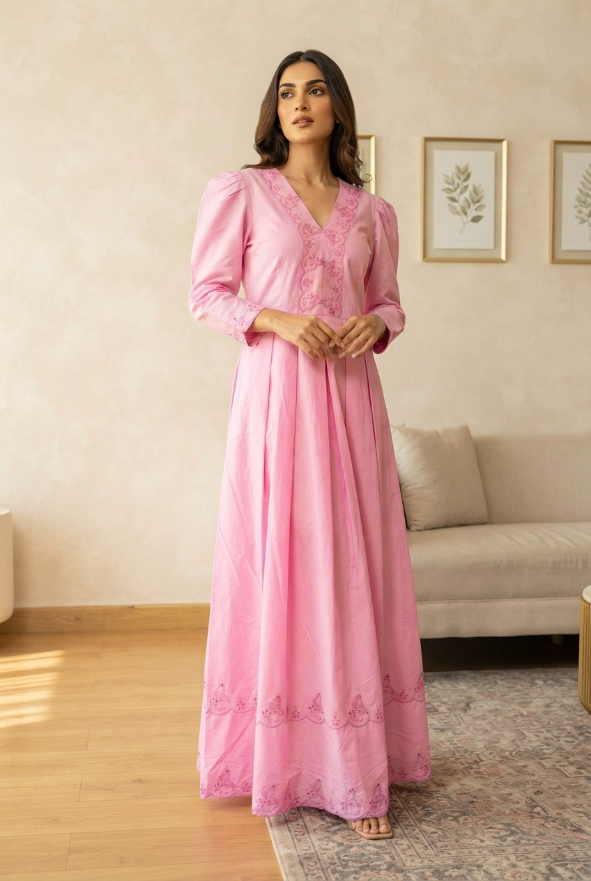 Pink Chicken Cotton Box Pleated Flared Gown – RW48