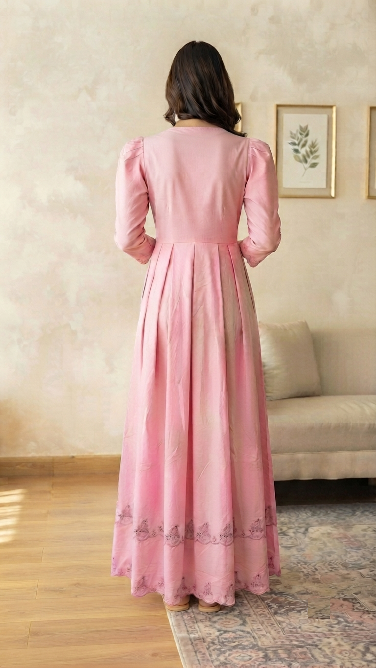 Pink Chicken Cotton Box Pleated Flared Gown – RW48 - Image 4