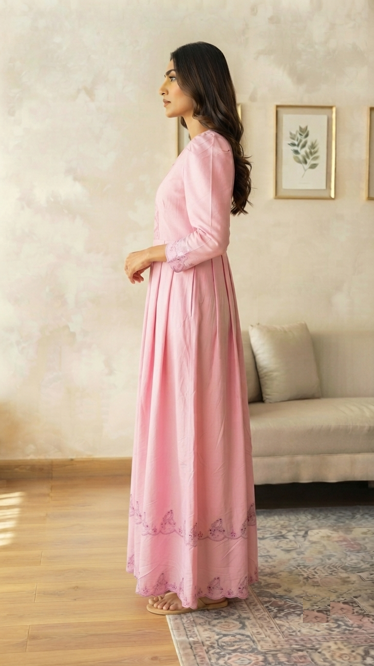 Pink Chicken Cotton Box Pleated Flared Gown – RW48 - Image 5