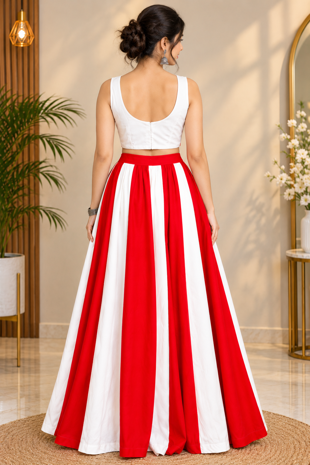 Red and Cream Designer Crepe Lehenga with Mirror Work Sleeveless Blouse – RW50 - Image 6