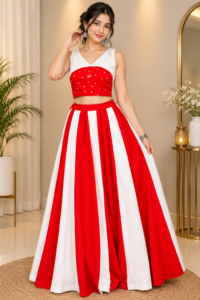 Red and Cream Designer Crepe Lehenga with Mirror Work Sleeveless Blouse – RW50