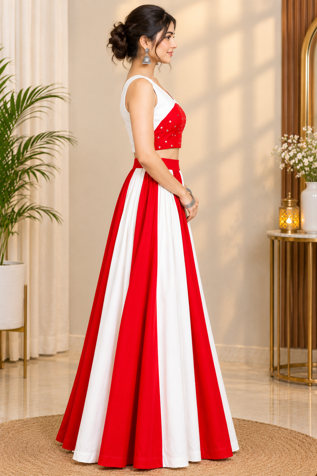Red and Cream Designer Crepe Lehenga with Mirror Work Sleeveless Blouse – RW50 - Image 5