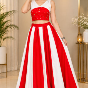 Red and Cream Designer Crepe Lehenga with Mirror Work Sleeveless Blouse โ RW50