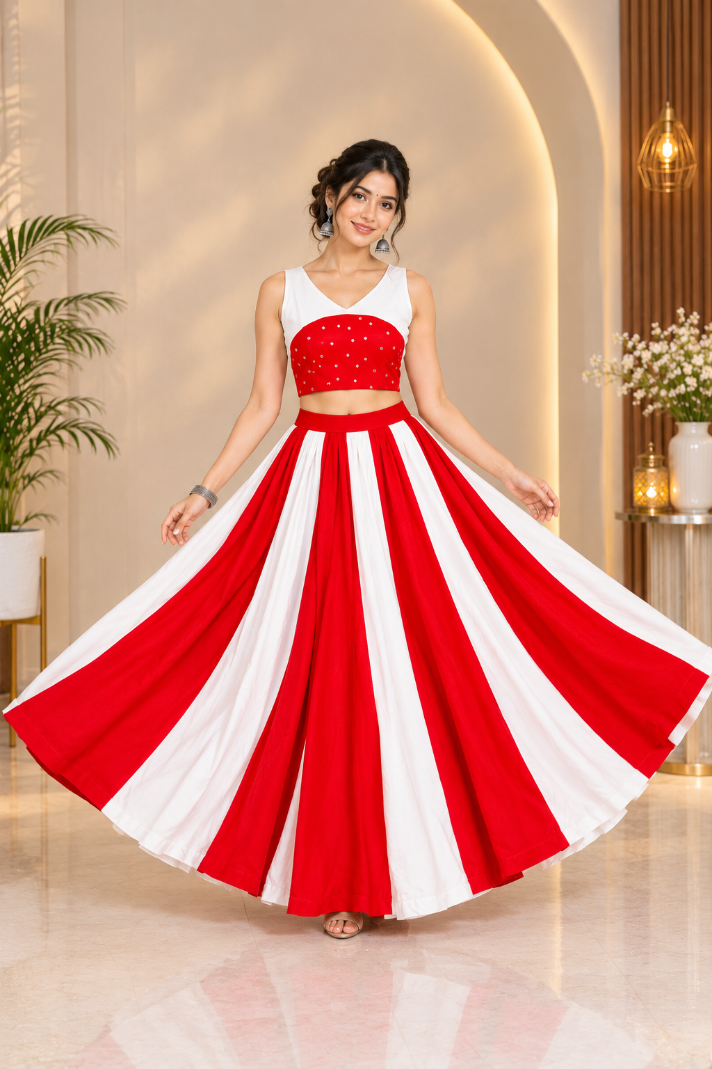 Red and Cream Designer Crepe Lehenga with Mirror Work Sleeveless Blouse – RW50 - Image 4