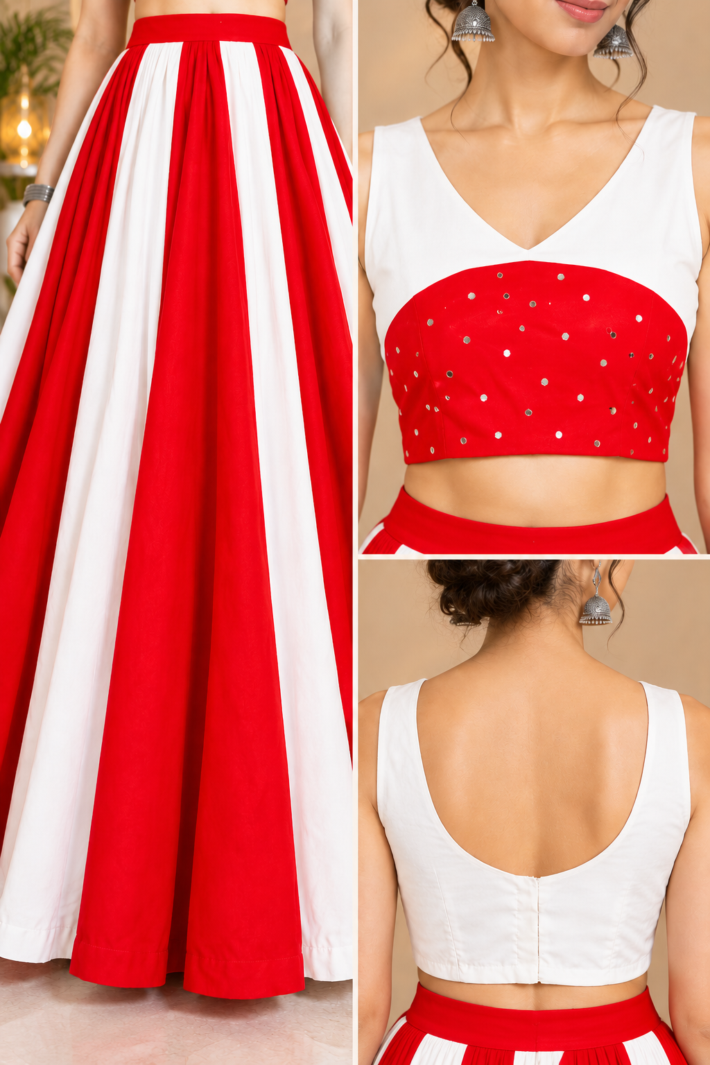 Red and Cream Designer Crepe Lehenga with Mirror Work Sleeveless Blouse – RW50 - Image 3