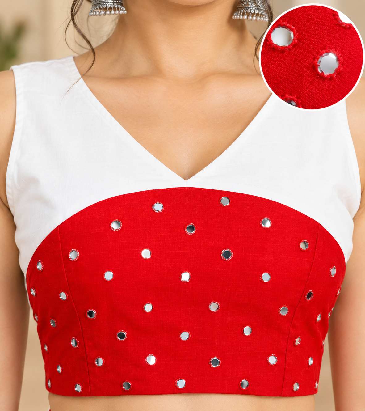 Red and Cream Designer Crepe Lehenga with Mirror Work Sleeveless Blouse – RW50 - Image 2