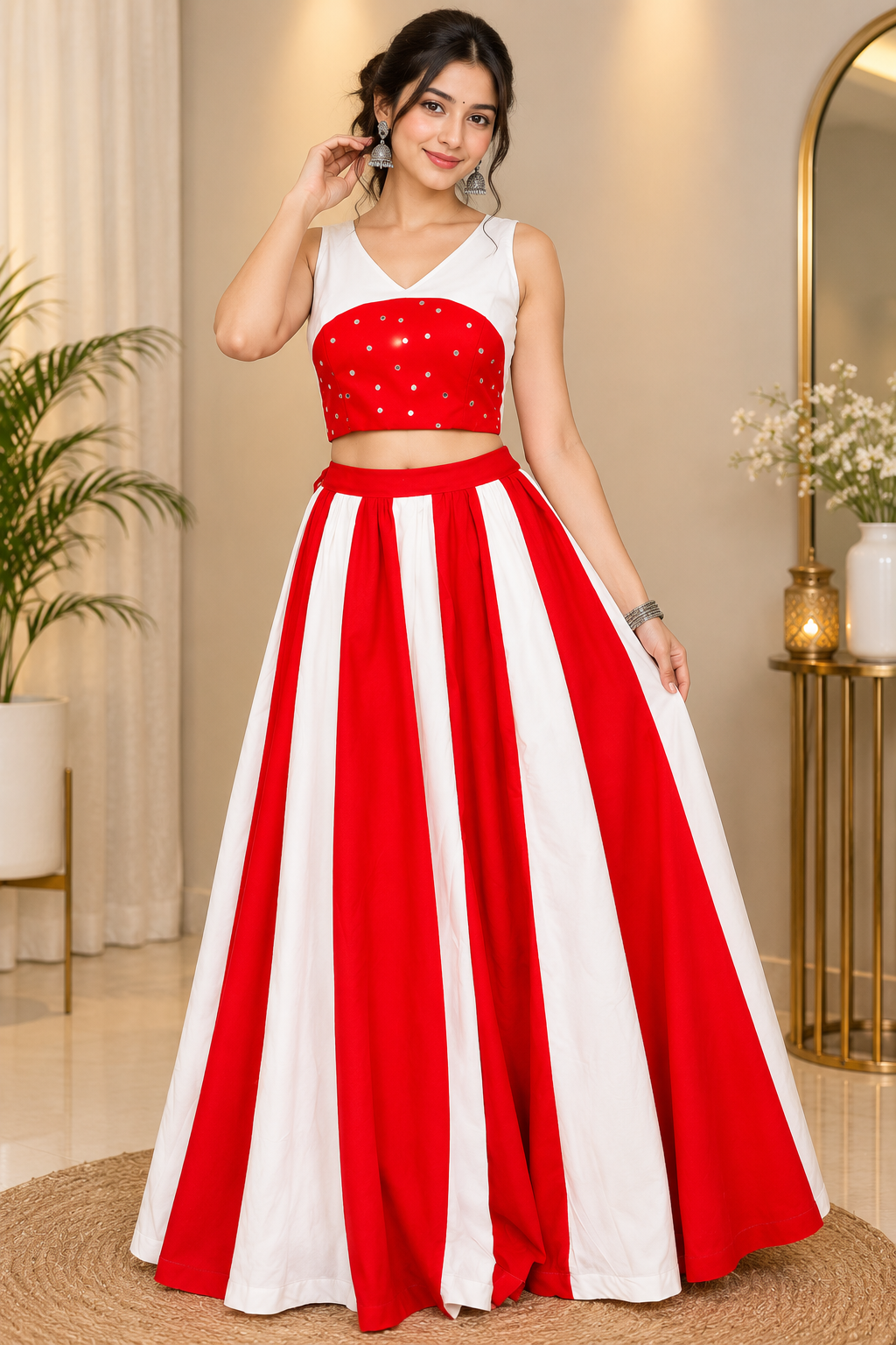 Red and Cream Designer Crepe Lehenga with Mirror Work Sleeveless Blouse – RW50