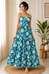 Teal Blue Floral Printed Tiered Maxi Gown – RW51