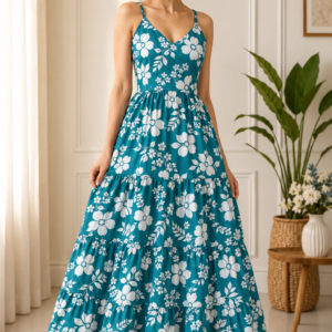 Teal Blue Floral Printed Tiered Maxi Gown – RW50