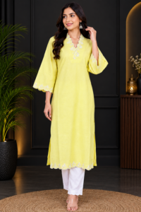 Pastel Yellow Chikan Embroidered Kurti Pant Set – RW49