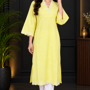 Pastel Yellow Chikan Embroidered Kurti Pant Set โ RW49